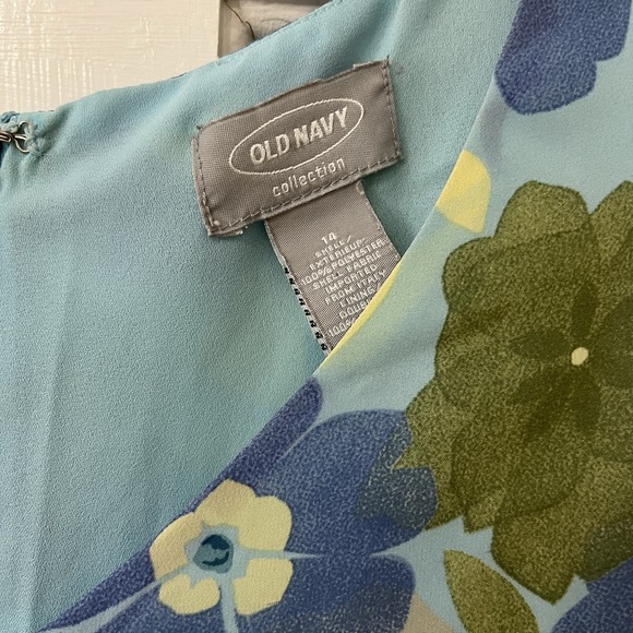 Vintage 90s Y2K Old Navy 14 Sheer Overlay Dress Blue Hibiscus Floral Ruched Bust - Picture 4 of 5